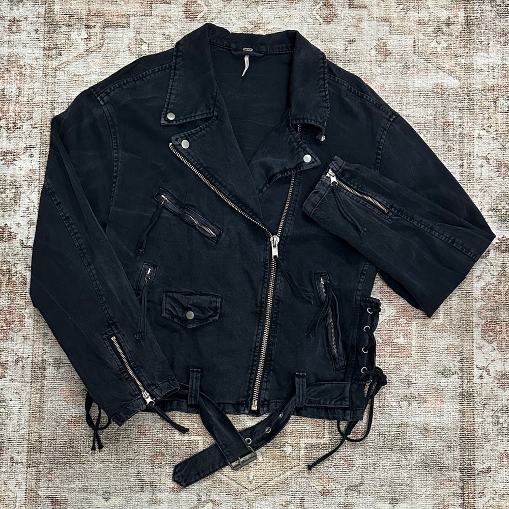 Woman’s Free People Black Denim Oversized Moto Jacket